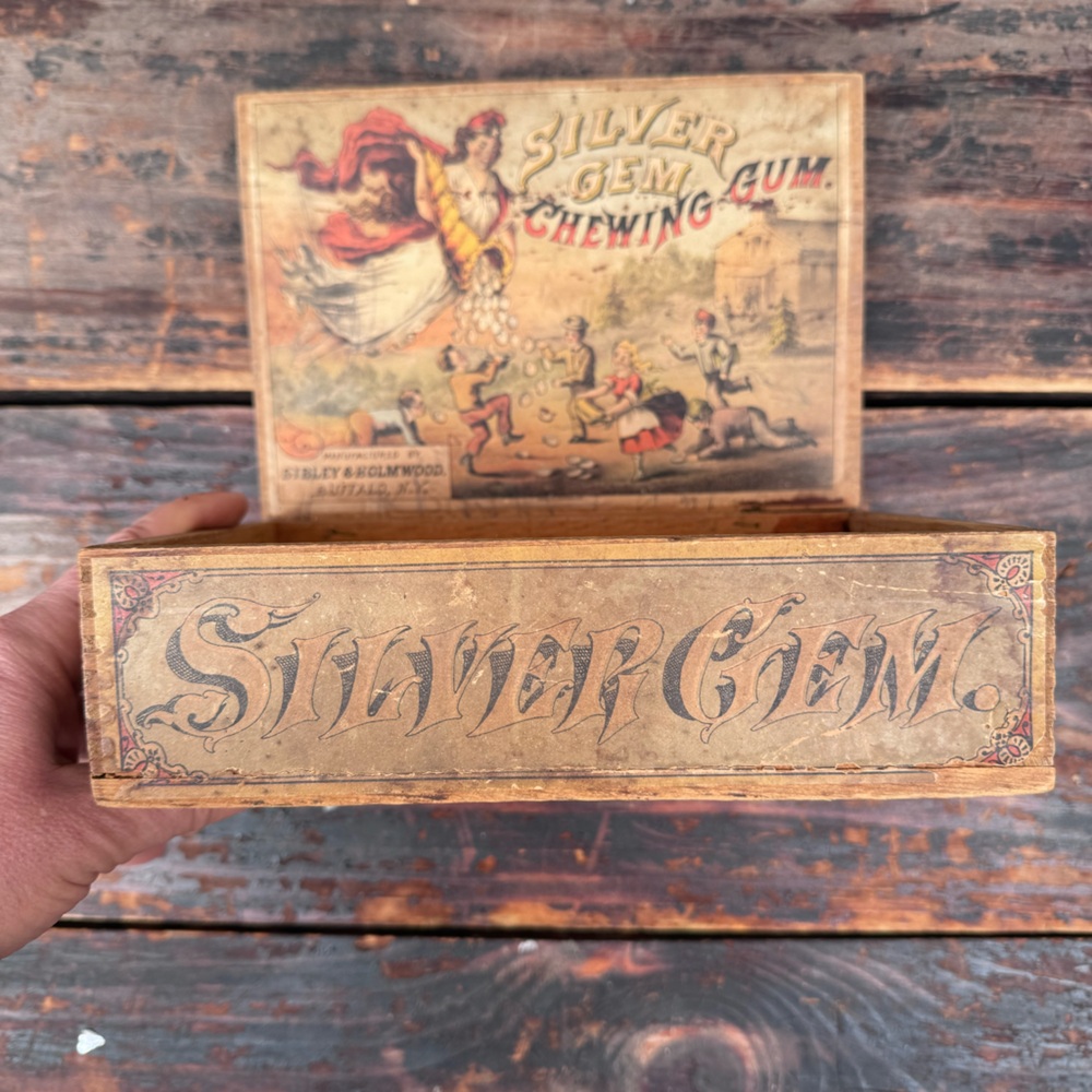 Antique (early 1900’s) wooden Silver Gem Chewing Gum box.